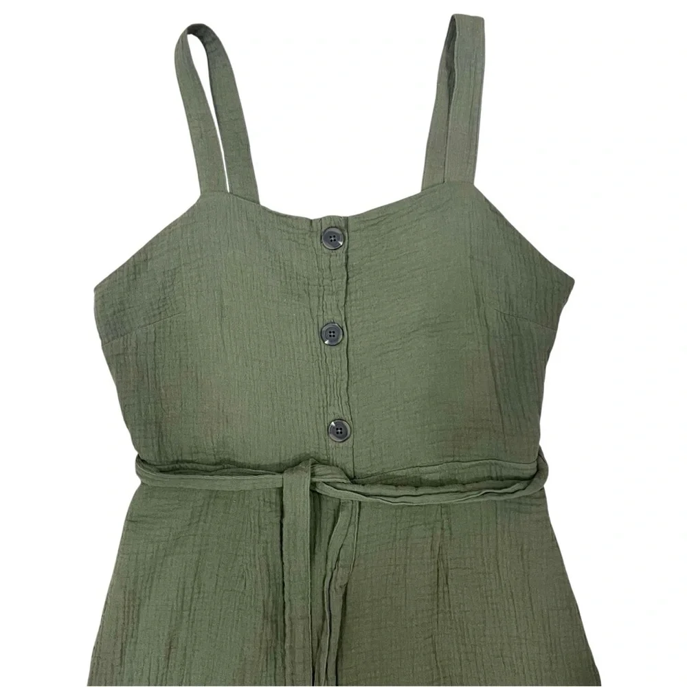 Rachel Zoe Olive Green Gauzy Crepe Cotton Wide Leg Crop Jumpsuit Pockets